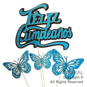 CAKE TOPPER MARIPOSA FELIZ CUMPLEA�OS CELESTE Y NEGRO GIBRE CON PINCHE X 1